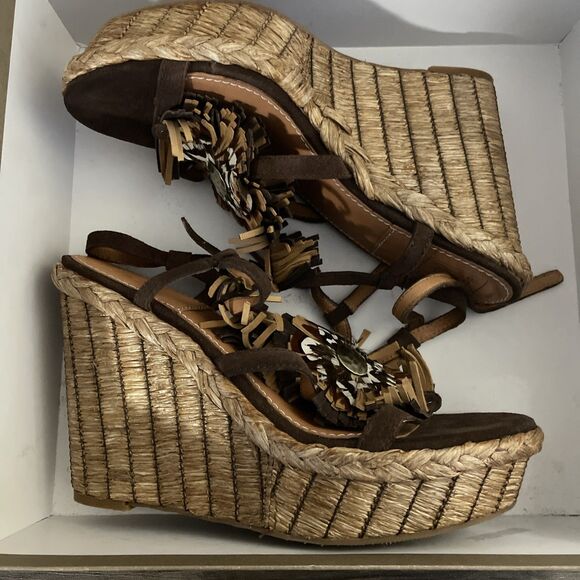 NEW BACIO 61 Rustic Brown Bairo Fringe Feather Flower Wedge Sandal‎ Women’s 10M - Picture 10 of 11